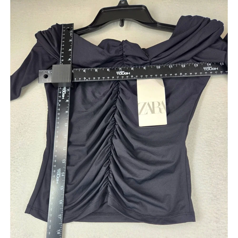 Zara Womens Black Ruched Off The Shoulder Long Sleeve Top Size M 5039/428/800